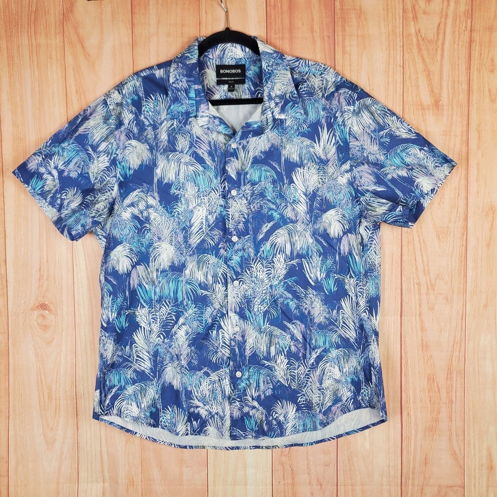 Bonobos Riviera Mens Shirt XL Blue Abstract Palm Print Short Sleeve Button‎ Up